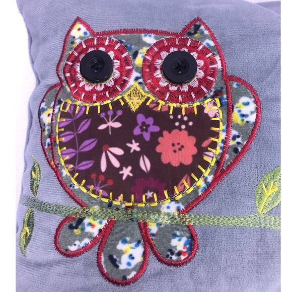 Triple Owl Embroidered Button Eyes Multicolored Soft Gray Accent Throw Pillow - Picture 3 of 8